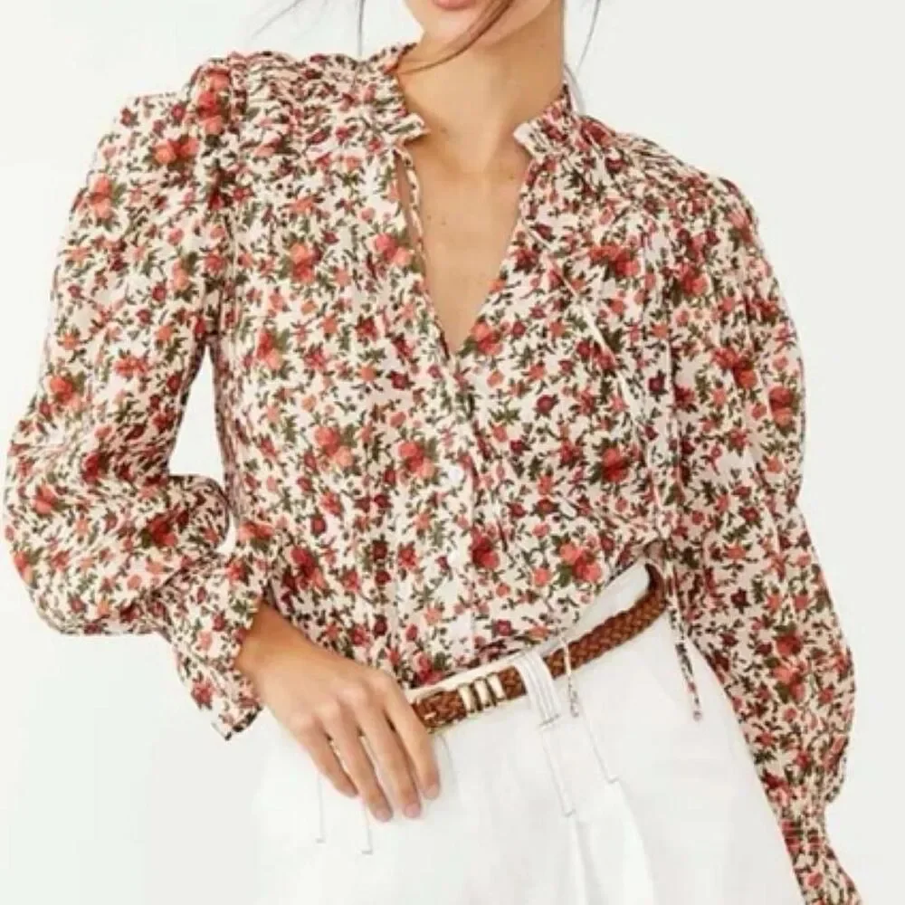 Free People Meant to Be Vintage Floral Boho Romantic Long Sleeve Blouse L
